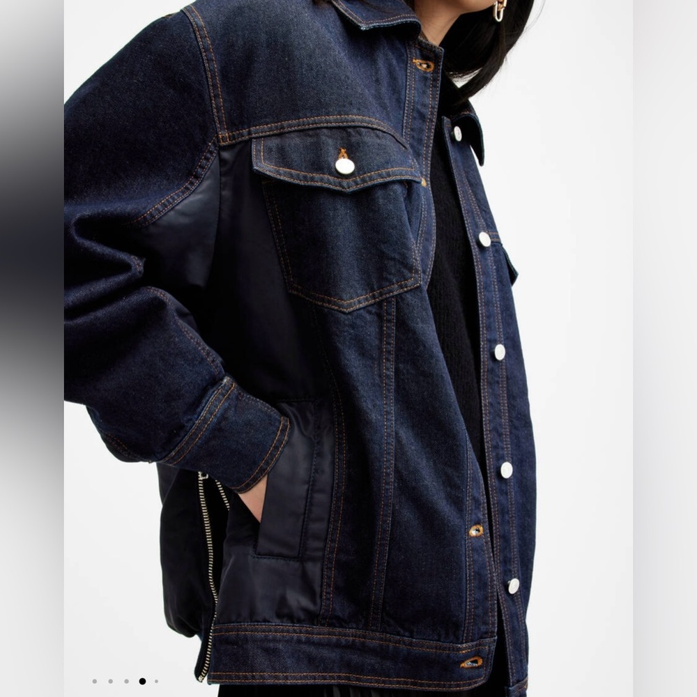 All Saints denim and nylon trucker jacket rinse denim with ruched nylon back NWT - Picture 9 of 13